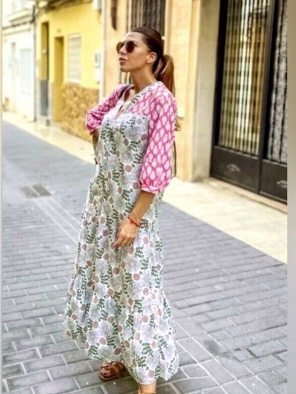 Zara Paloma Maxi Dress Flowy Pink Green Oversized Floral Boho Cottagecore M
